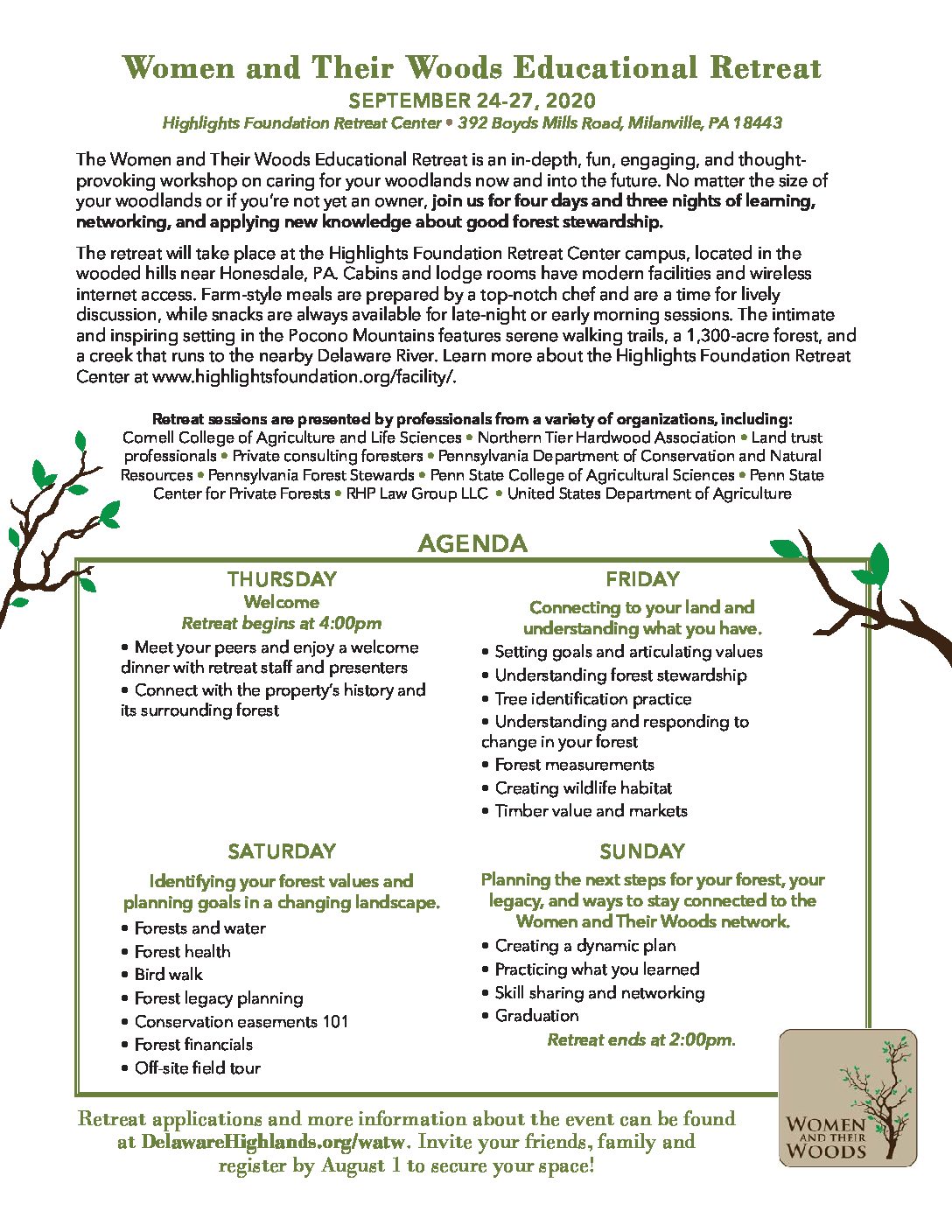 2020 Women and Their Woods Educational Retreat AGENDA | Delaware Highlands  Conservancy