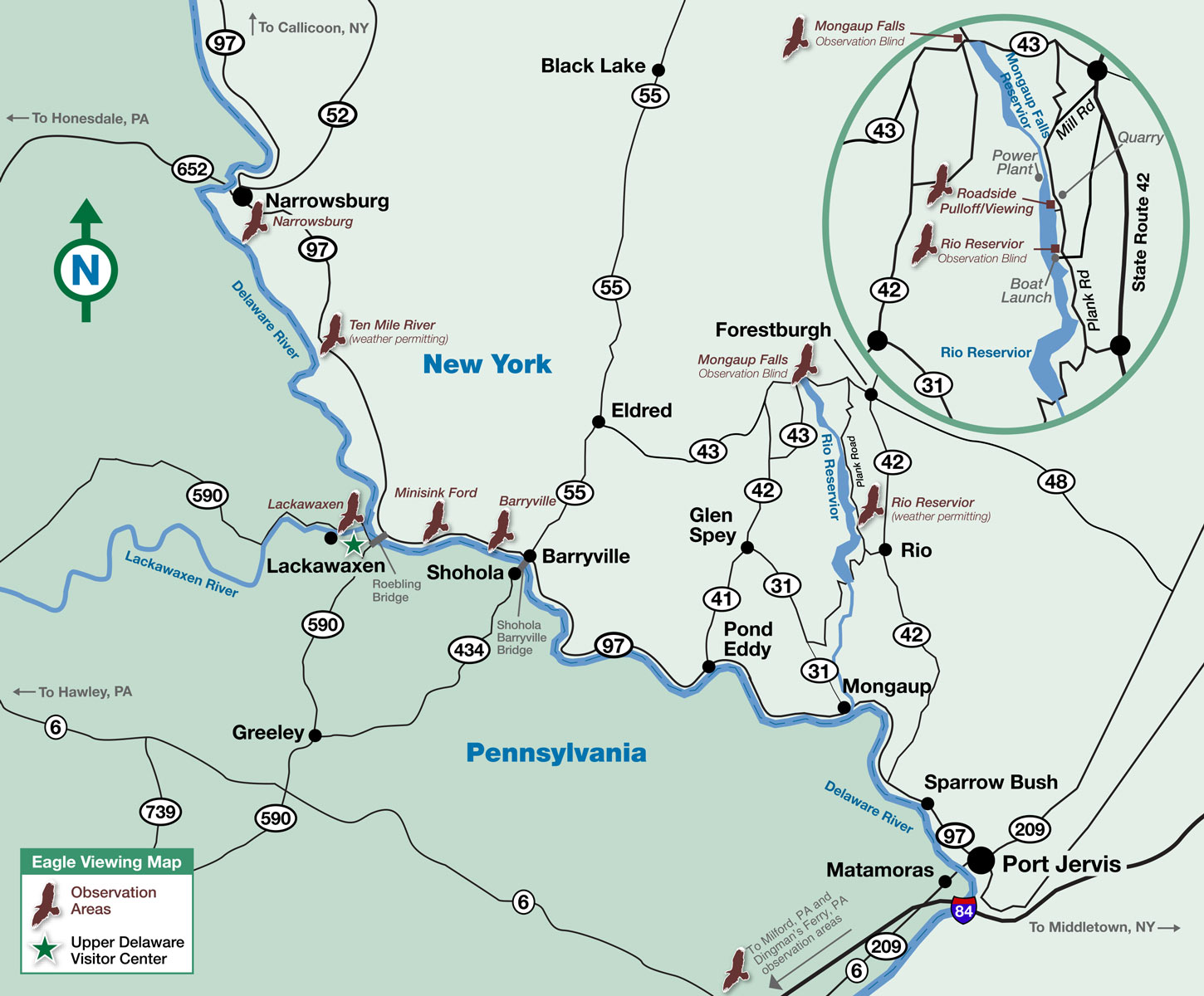 Map of Upper Delaware River region eagle viewing locations