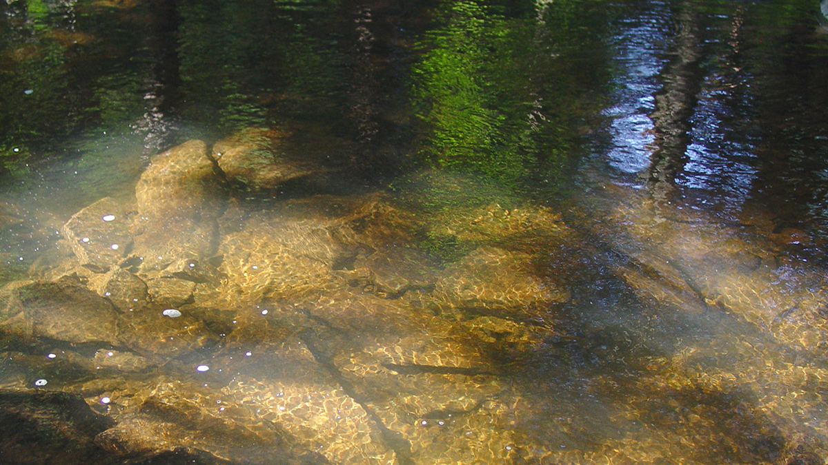 A clear stream with the rocks visible below.