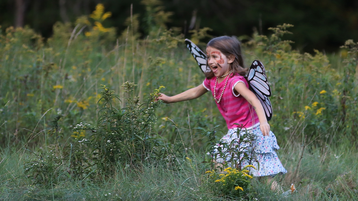 A child runs happily through a meadow wearing butterfly wings