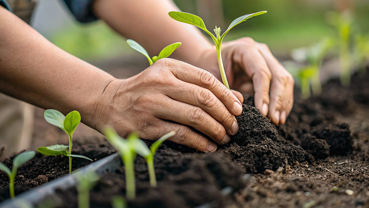 The image shows two hands planting small green seedlings in garden soil.